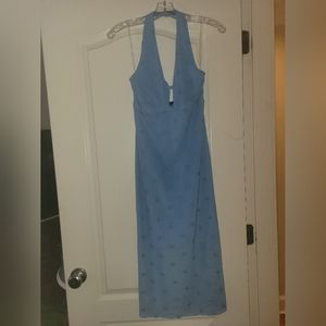 NEW Women's Blue Halter Top Dress with Sheer Overlay